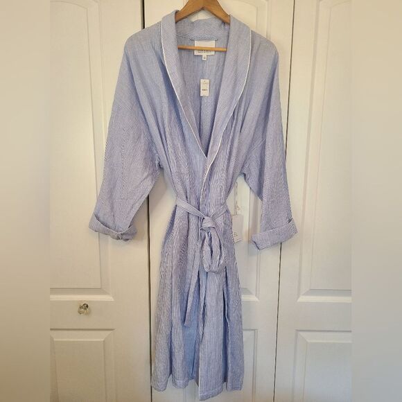 Haven Blue White Pin Striped Coastal Robe Organic Cotton Linen Blend Size XXL - Picture 1 of 11
